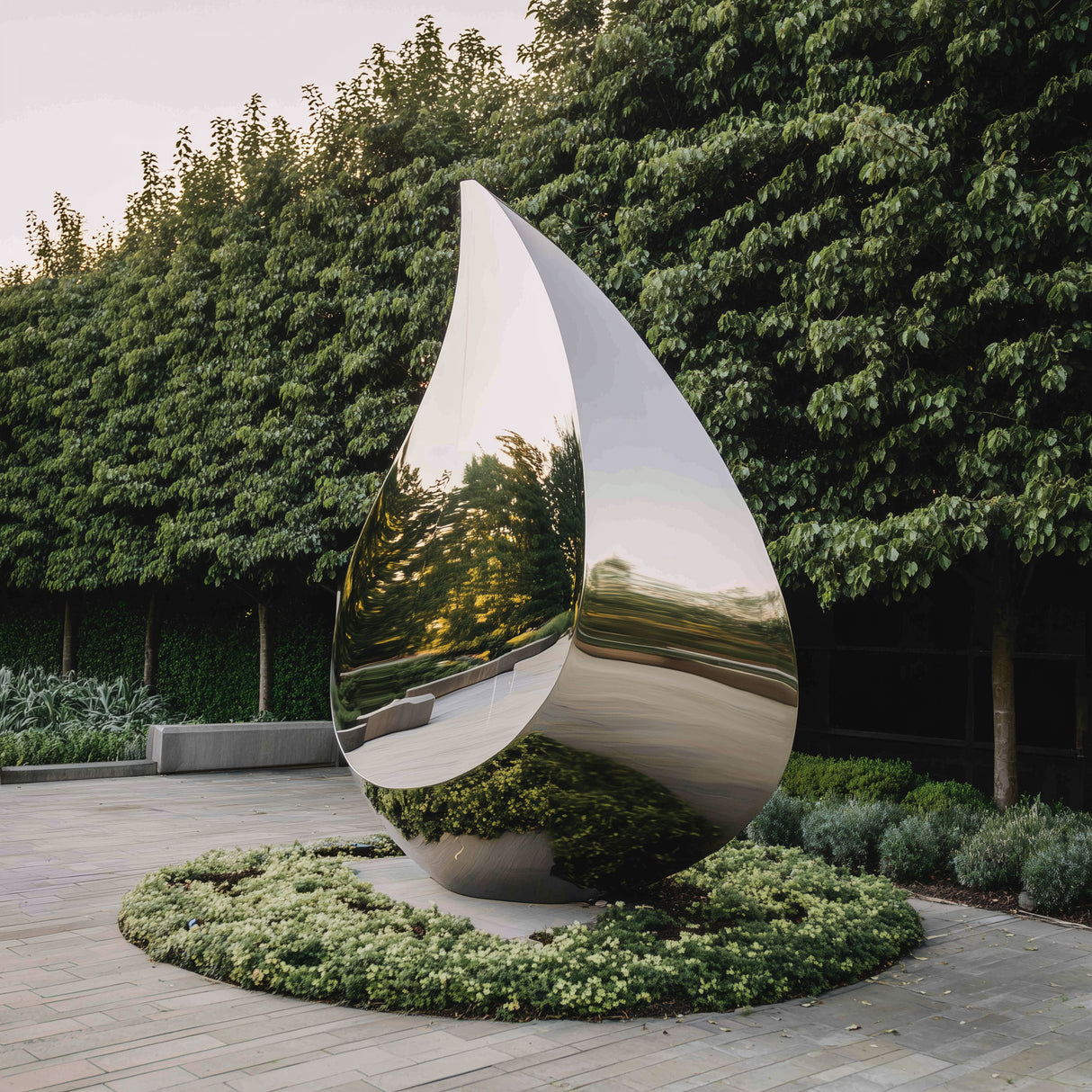 The mirrored water droplet sculpture in reflective stainless steel, blending with pine forests and sky, ideal for eco parks or lawn.