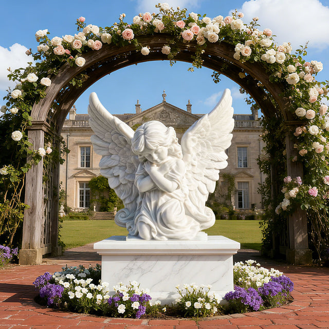 PREMIER White Marble Angel Sculpture with Classical Style Perfect for Gardens, Courtyards and Churches PSM-101-Marble sculpture-PREMIER SCULPTURE