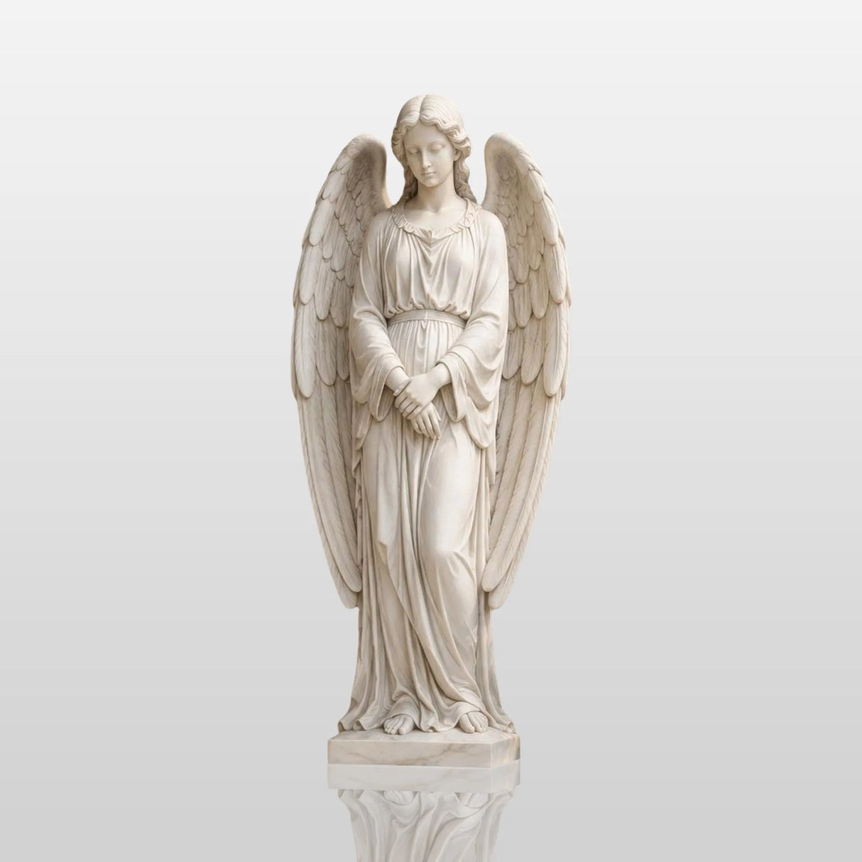 White marble angel statue with wings stands on tiered marble pedestal beside tall stone wall.