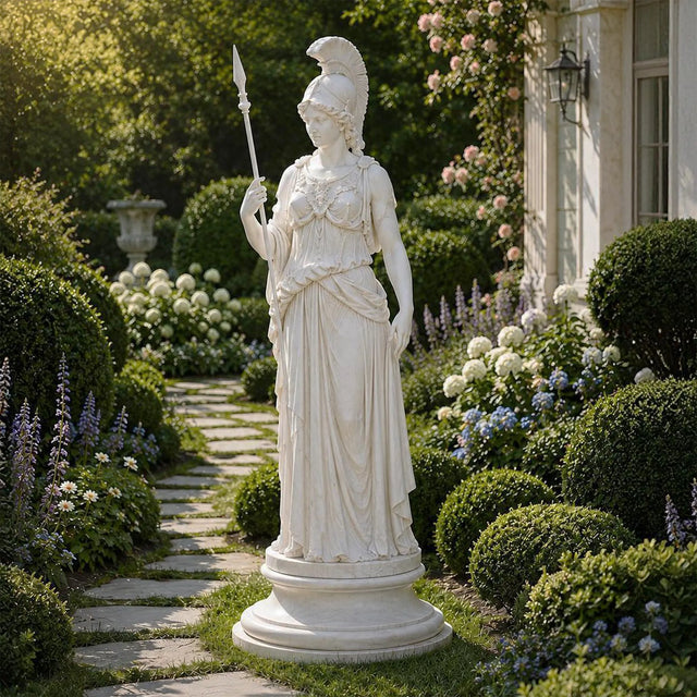 White marble Athena statue stands on a pedestal amid the garden plantings.