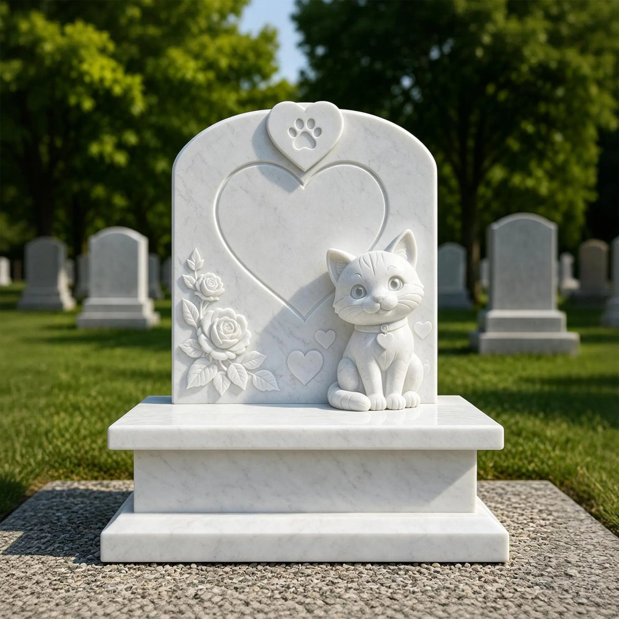 PREMIER White Marble Headstone with Cartoon Cat Design for Cemetery, Courtyard or Graves PSM-193-Marble sculpture-PREMIER SCULPTURE