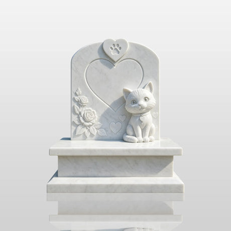 PREMIER White Marble Headstone with Cartoon Cat Design for Cemetery, Courtyard or Graves PSM-193-Marble sculpture-PREMIER SCULPTURE