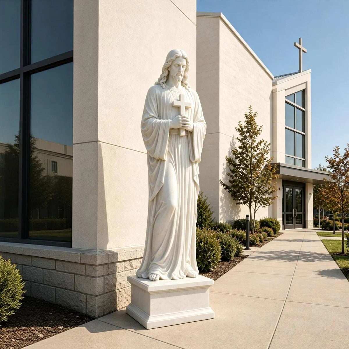PREMIER White Marble Jesus Statue with Cross for Front Yard, Church Courtyard or Walkway PSM-203-Marble sculpture-PREMIER SCULPTURE