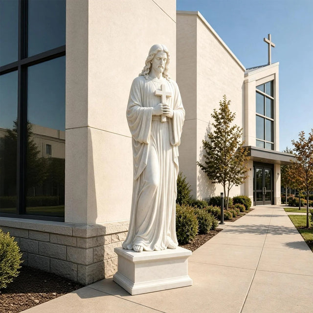 PREMIER White Marble Jesus Statue with Cross for Front Yard, Church Courtyard or Walkway PSM-203-Marble sculpture-PREMIER SCULPTURE
