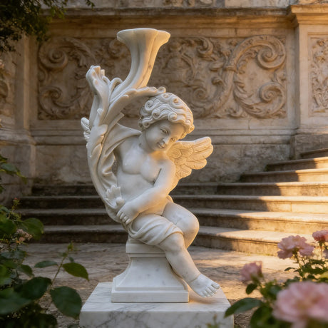 PREMIER White Marble Sculpture with Little Angel Design Ideal for Gardens, Memorial Parks or Outdoor Art Spaces PSM-109-Marble sculpture-PREMIER SCULPTURE