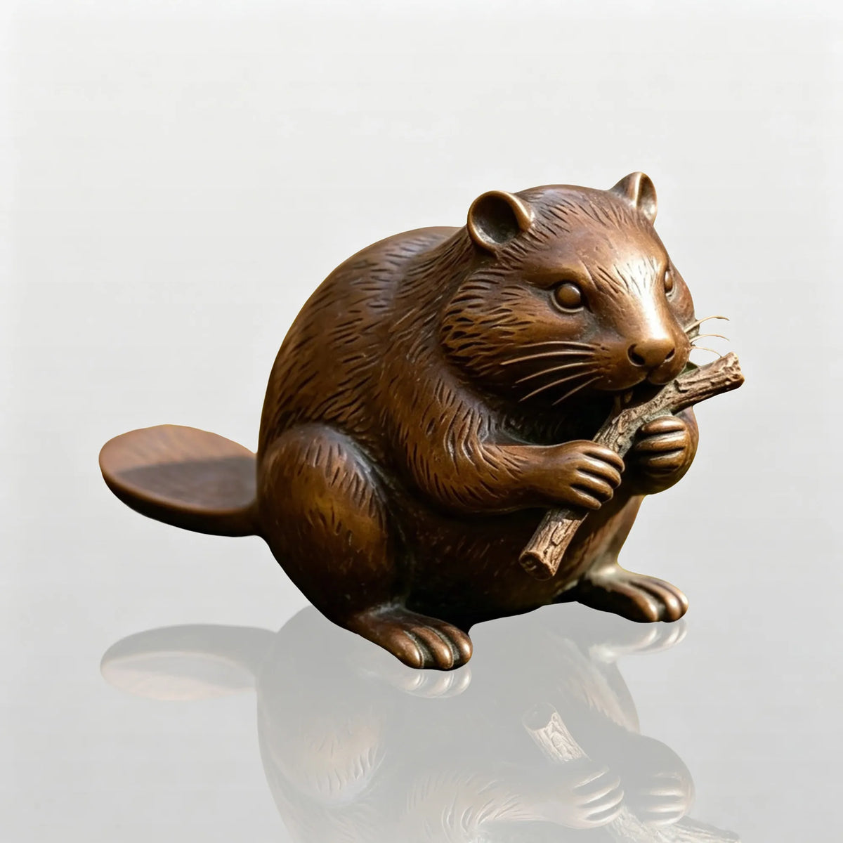 A bronze sitting beaver sculpture sits on green moss.