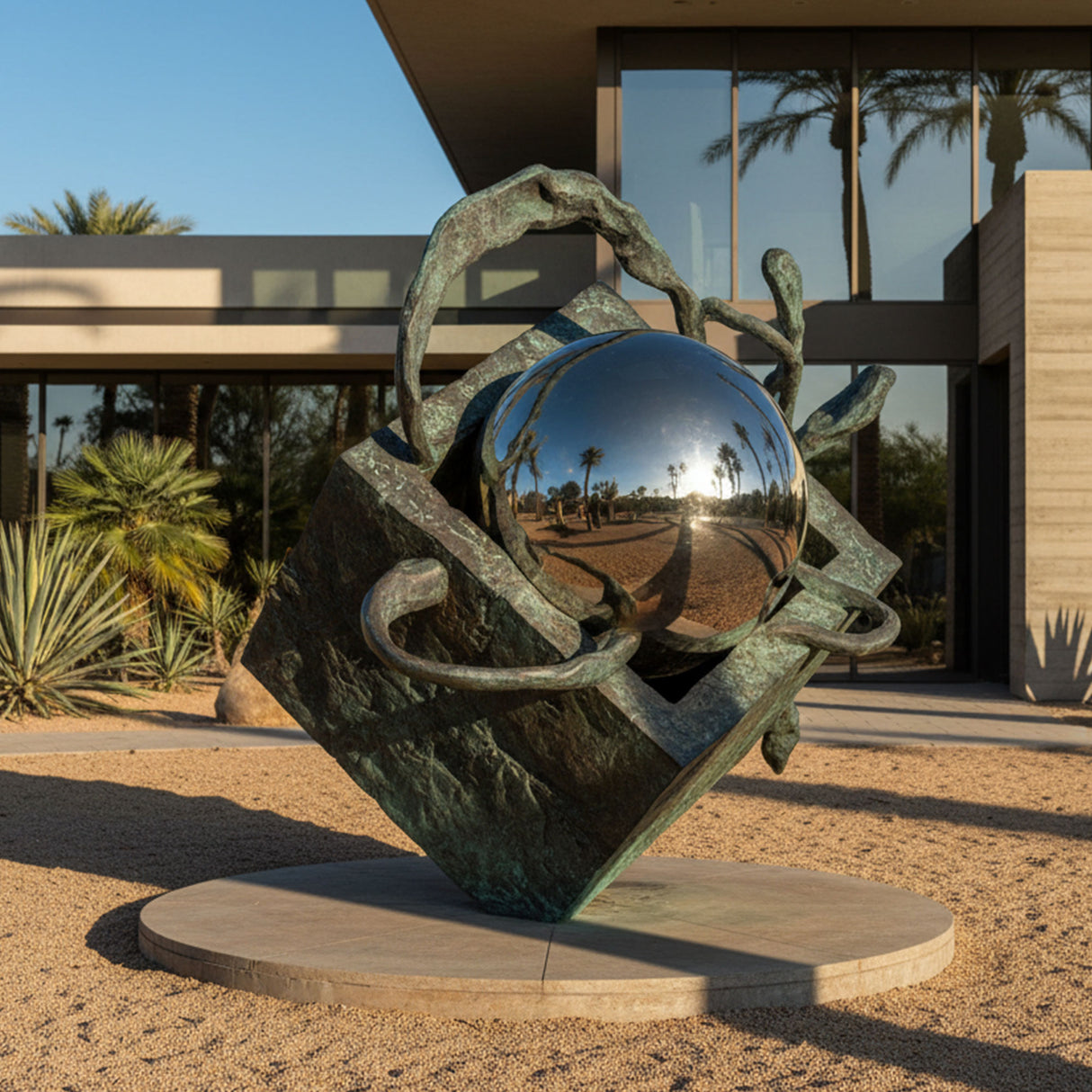 PREMIER Abstract Metal Sphere Sculpture in Modern Bronze Patina and Mirror Polished Stainless Steel for Villa Garden, Courtyard Outdoor Landscape PSB-166-Bronze Sculpture-PREMIER SCULPTURE