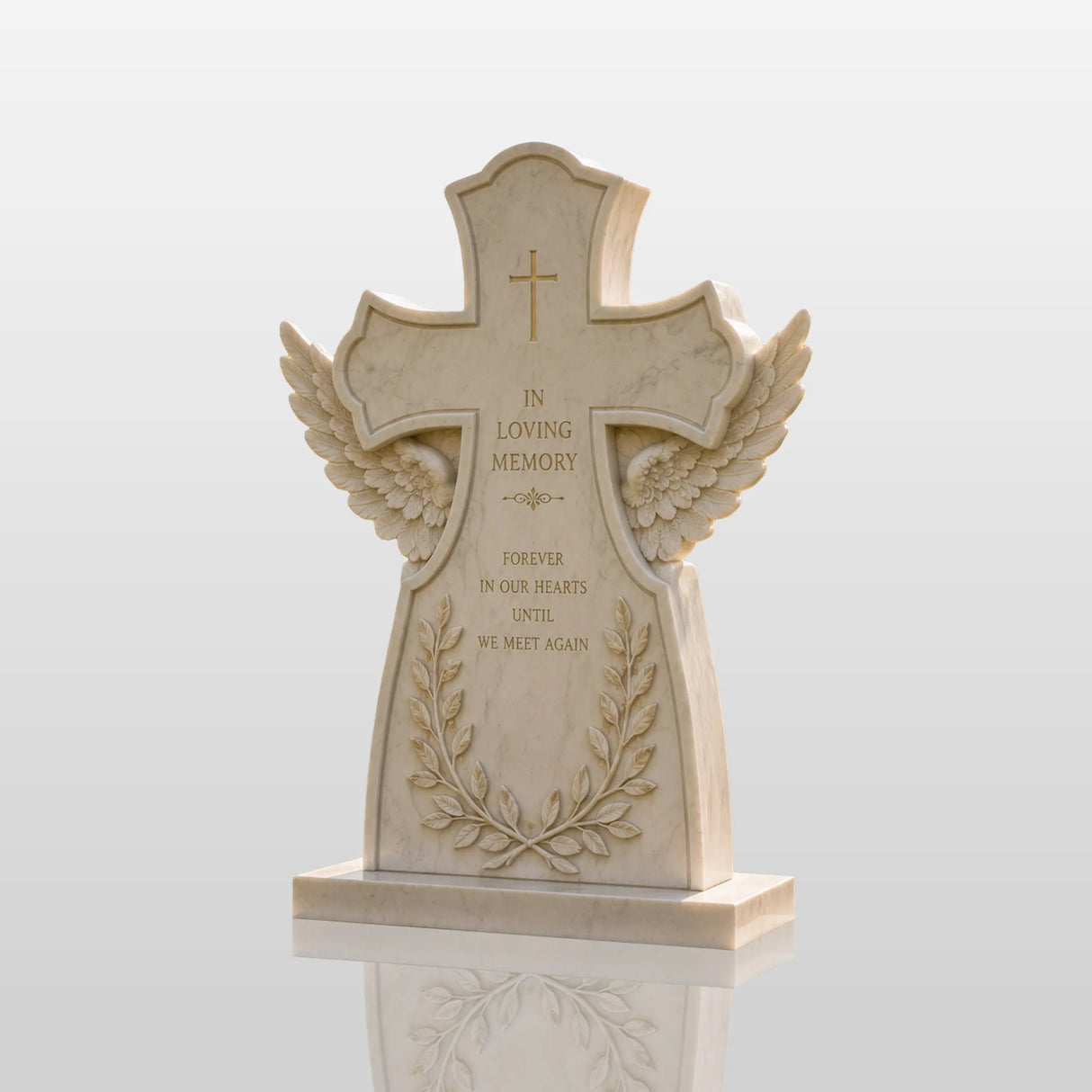 PREMIER Marble Cross and Angel Wings Headstone for Cemetery or Indoor Remembrance PSM-155