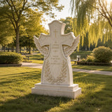 PREMIER Marble Cross and Angel Wings Headstone for Cemetery or Indoor Remembrance PSM-155