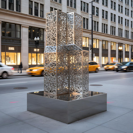 PREMIER Modern Openwork Cube Stainless Steel Sculpture with Mirror Polished Finish for Urban Plaza and Commercial Street PSSS-258-Stainless Steel Sculpture-PREMIER SCULPTURE