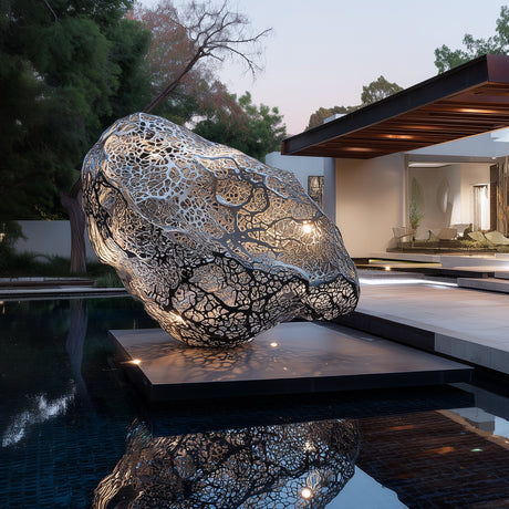 Abstract hollow stainless steel sculpture with flowing design, suitable for modern luxury homes, gardens, and galleries.