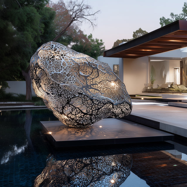Abstract hollow stainless steel sculpture with flowing design, suitable for modern luxury homes, gardens, and galleries.