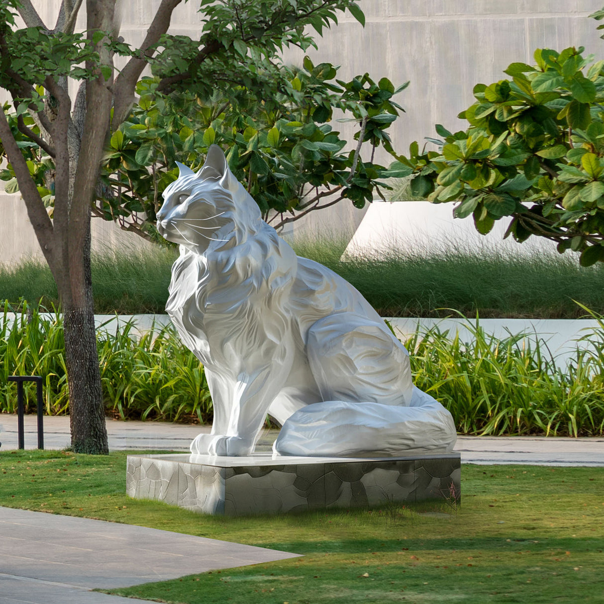 Large White Cat Garden Sculpture