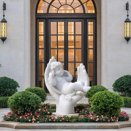 PREMIER Little Angel Marble Sculpture with Big Hand Base for Landscape Garden and Villa Backyard PSM-062-Marble sculpture-PREMIER SCULPTURE