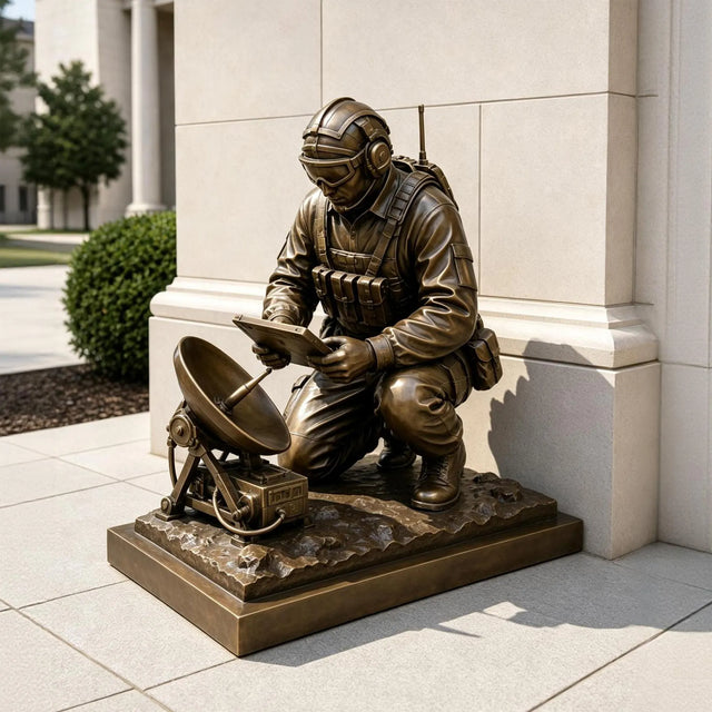Bronze statue of a kneeling signaller sits outdoors beside a modern building.